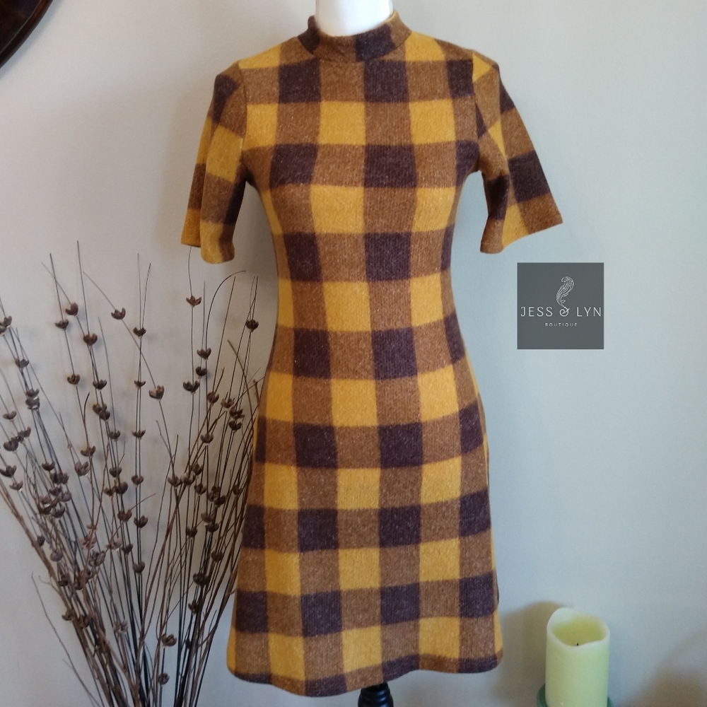🆕 JAYME-Mustard/Brown Checkered Hi Neck Dress - Picture 1 of 8